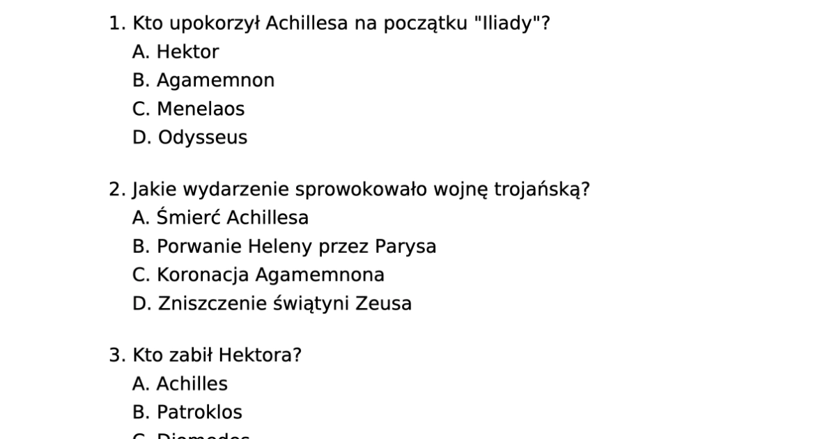Test z lektury „Iliada”