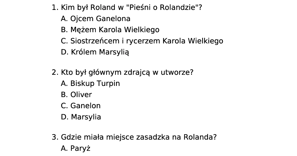 Test z lektury „Pieśń o Rolandzie”