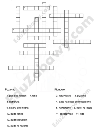 Krzyżówka z angielskiego: Sporty i aktywności 1