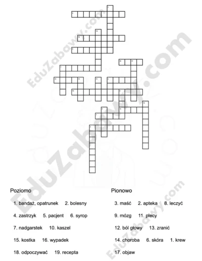 Krzyżówka z angielskiego: Zdrowie 1