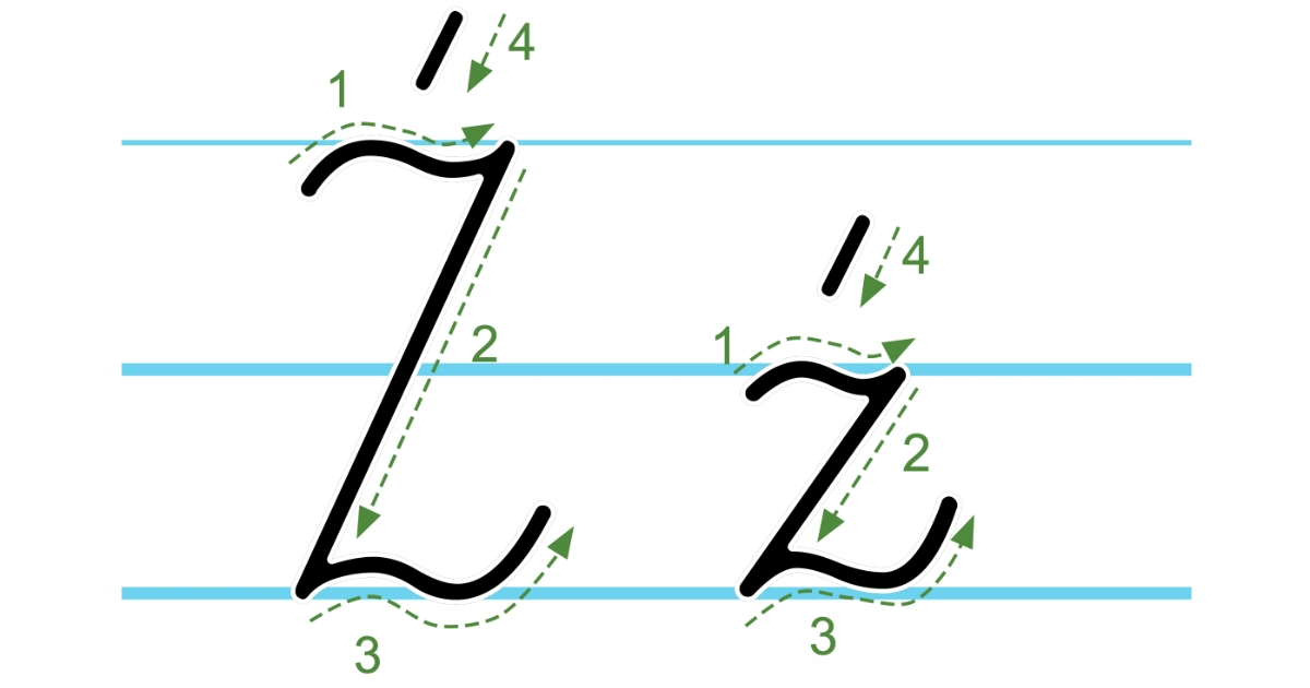Plansza edukacyjna: litera Ź z kierunkiem pisania
