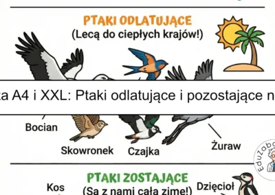 Plansza dydaktyczna: Ptaki odlatujące i zostające na zimę