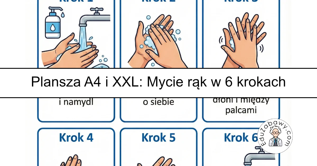 Plansza dydaktyczna: Schemat mycia rąk w 6 krokach