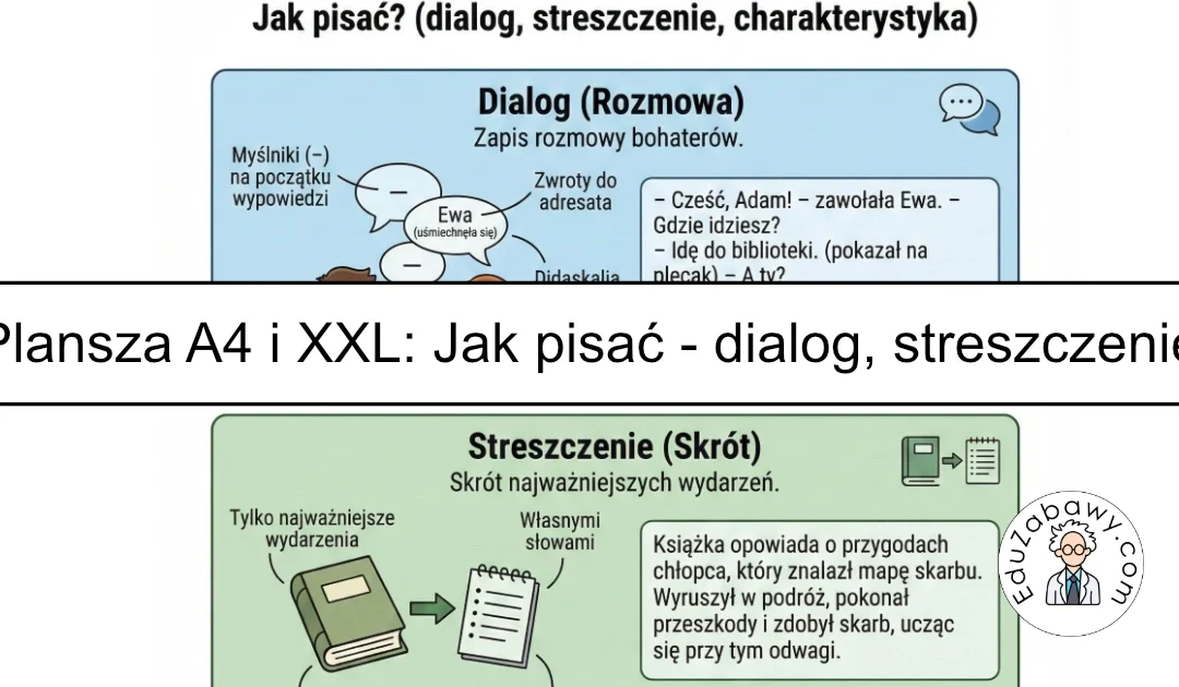 Plansza dydaktyczna: Jak napisać dialog, streszczenie, charakterystykę