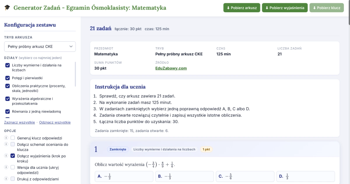 Generator Arkuszy: Egzamin Ósmoklasisty: Matematyka