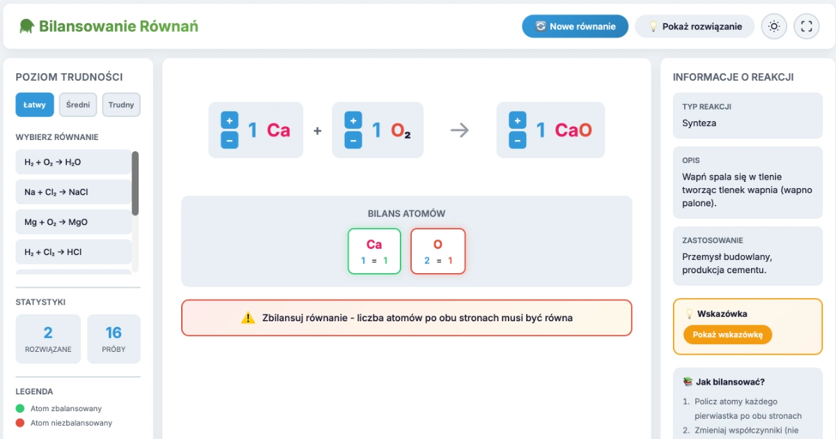 Symulacja: Bilansowanie równań chemicznych