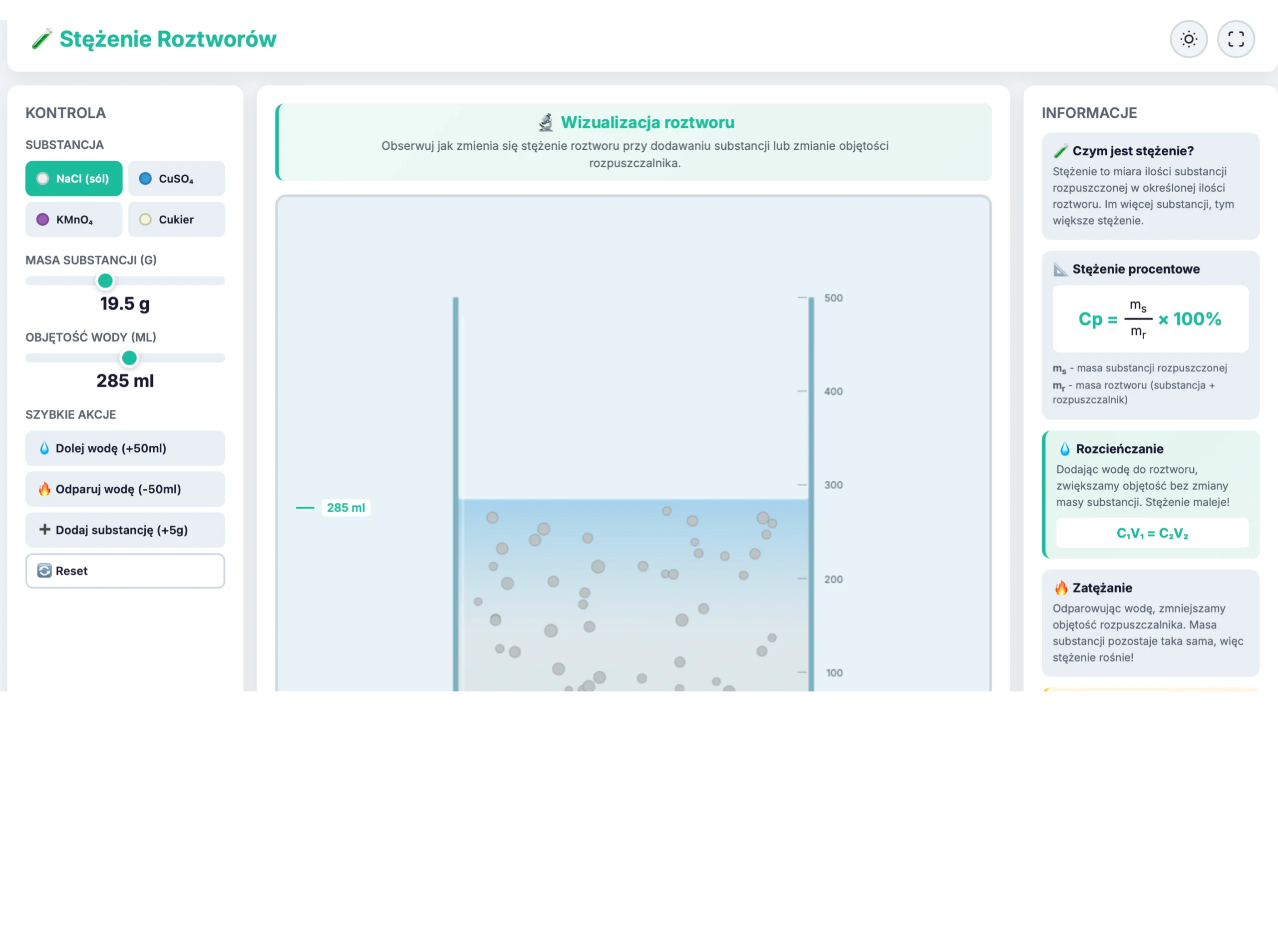 Symulacja: Stężenie Roztworów