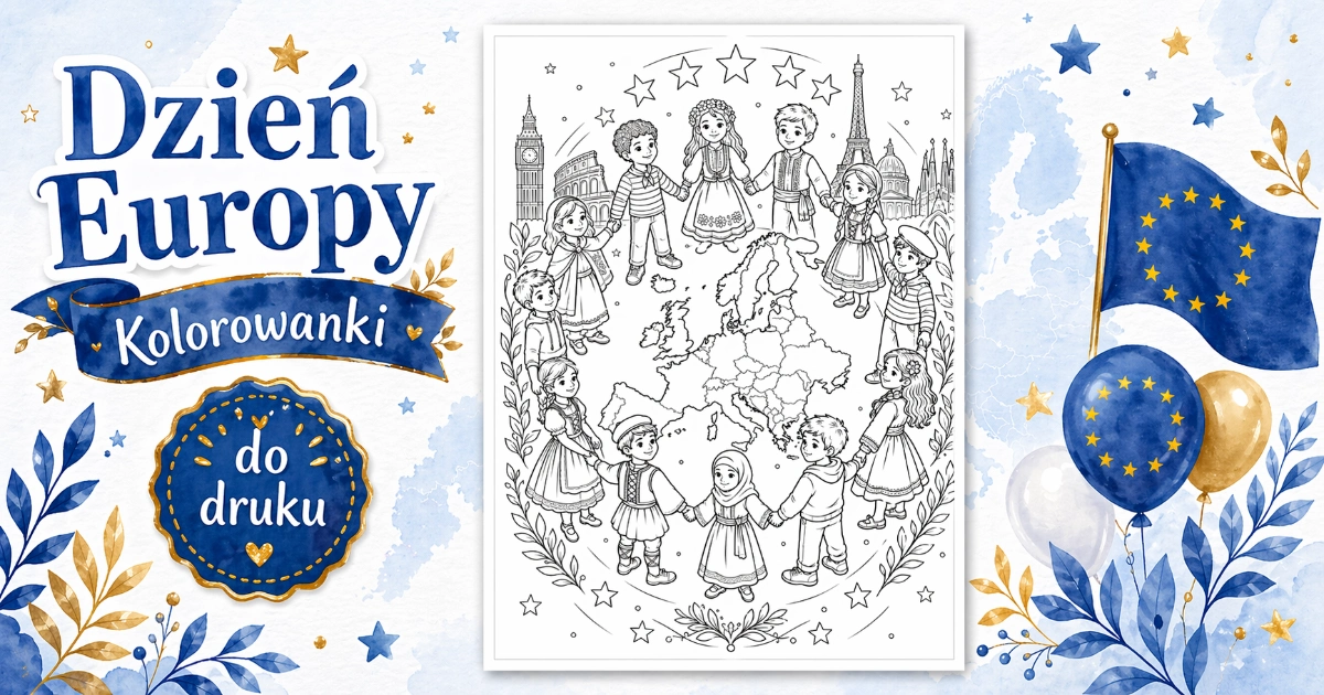 Kolorowanka: Dzieci Europy wokół mapy