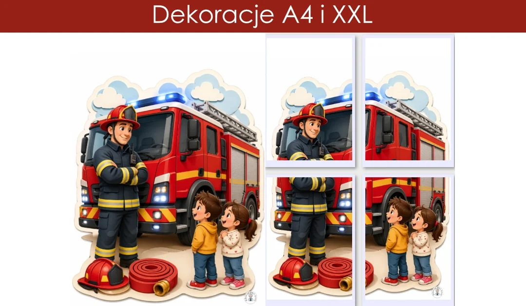 Dekoracje A4 i XXL: Strażak i dzieci przy wozie strażackim