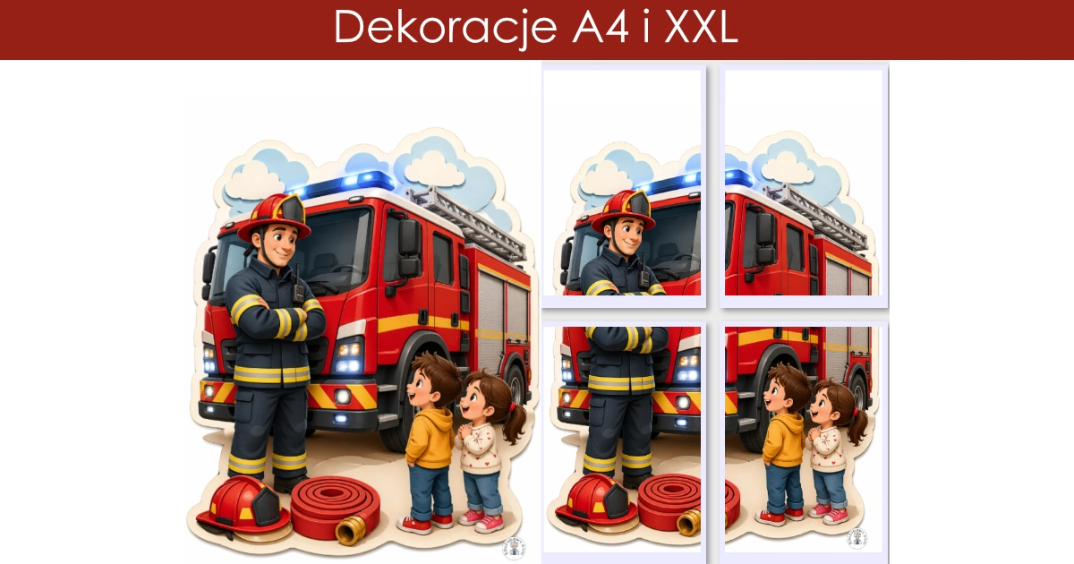 Dekoracje A4 i XXL: Strażak i dzieci przy wozie strażackim
