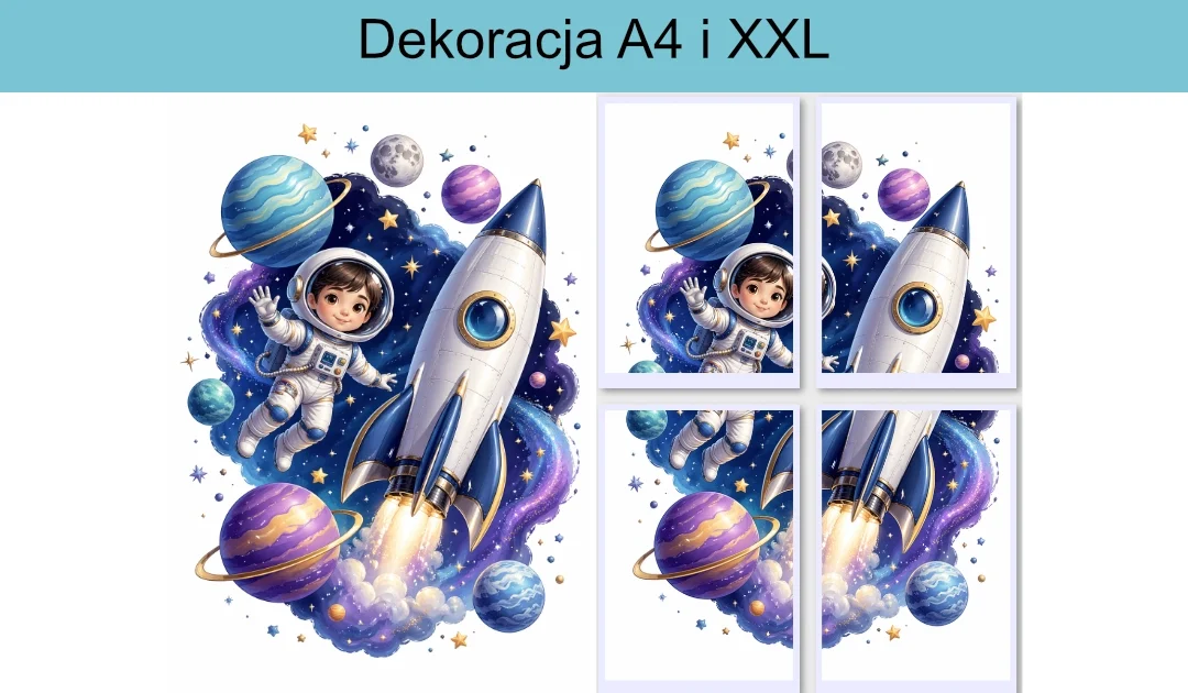 Dekoracja A4 i XXL: Dziecko-astronauta obok rakiety i planety
