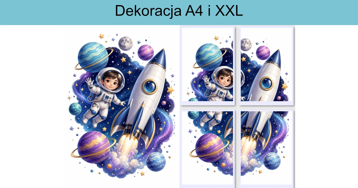 Dekoracja A4 i XXL: Dziecko-astronauta obok rakiety i planety 43