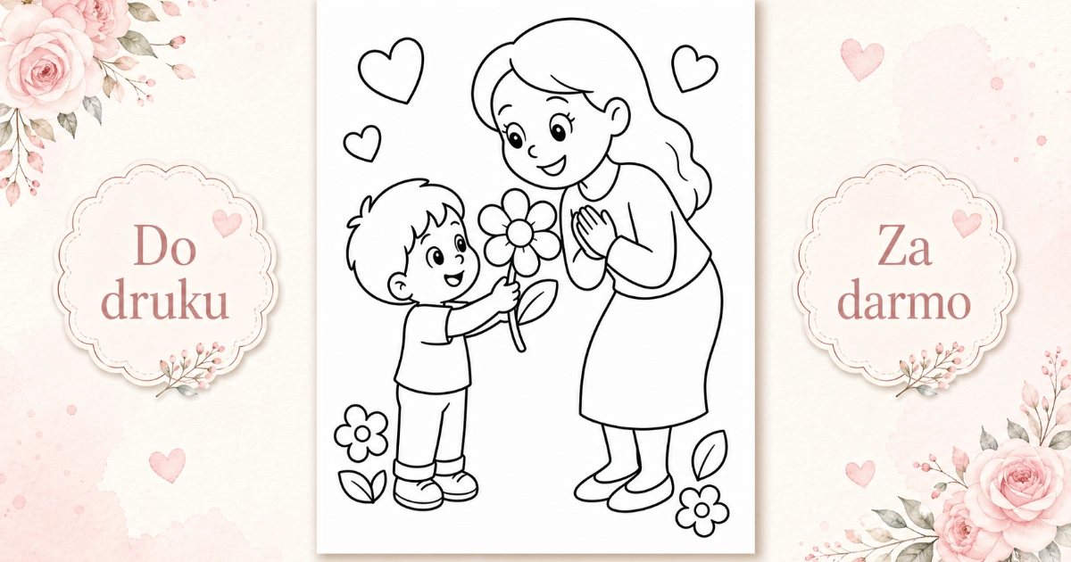 Kolorowanka — mama i dziecko z kwiatkiem