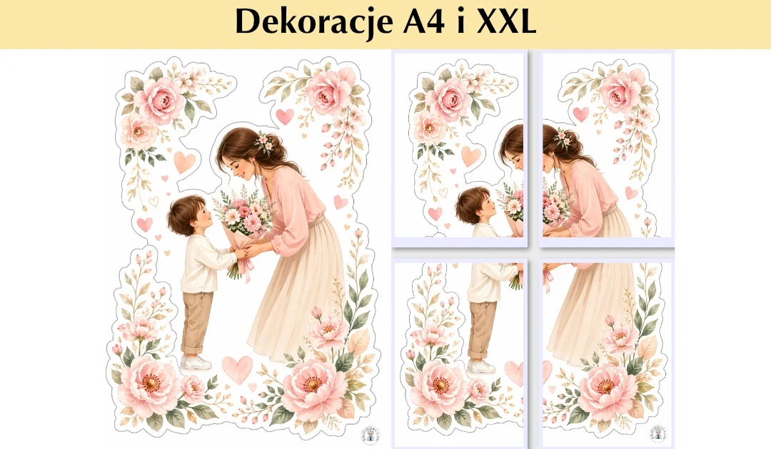 Dekoracja A4 i XXL: Mama i dziecko z bukietem kwiatów