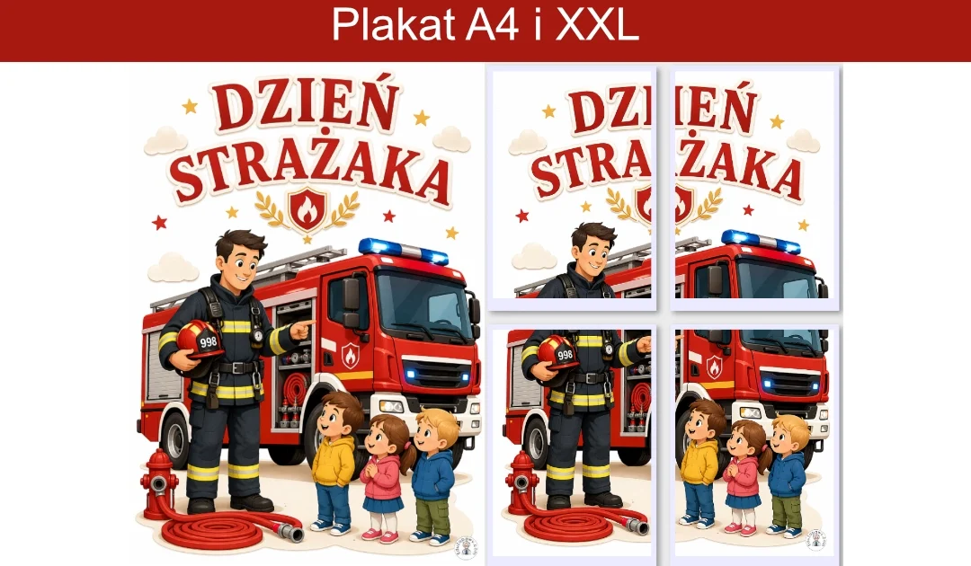 Plakat A4 i XXL: Strażak i dzieci przy wozie strażackim