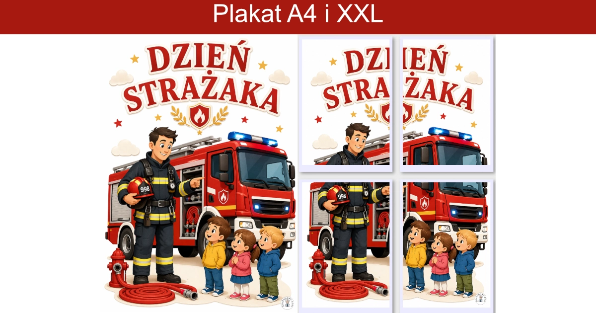 Strażak i dzieci przy wozie strażackim