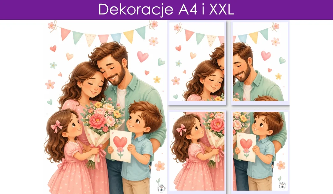 Dekoracja A4 i XXL: Dzieci wręczają rodzicom kwiaty i laurkę