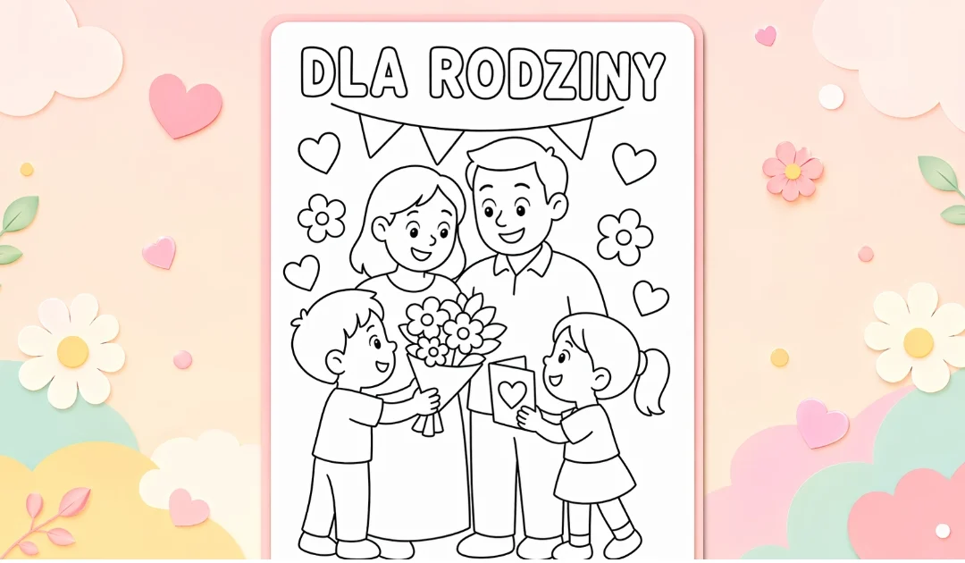 Kolorowanka: Dzieci wręczające rodzicom kwiaty i laurkę