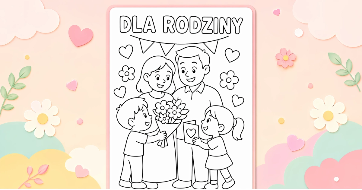 Kolorowanka: Dzieci wręczające rodzicom kwiaty i laurkę