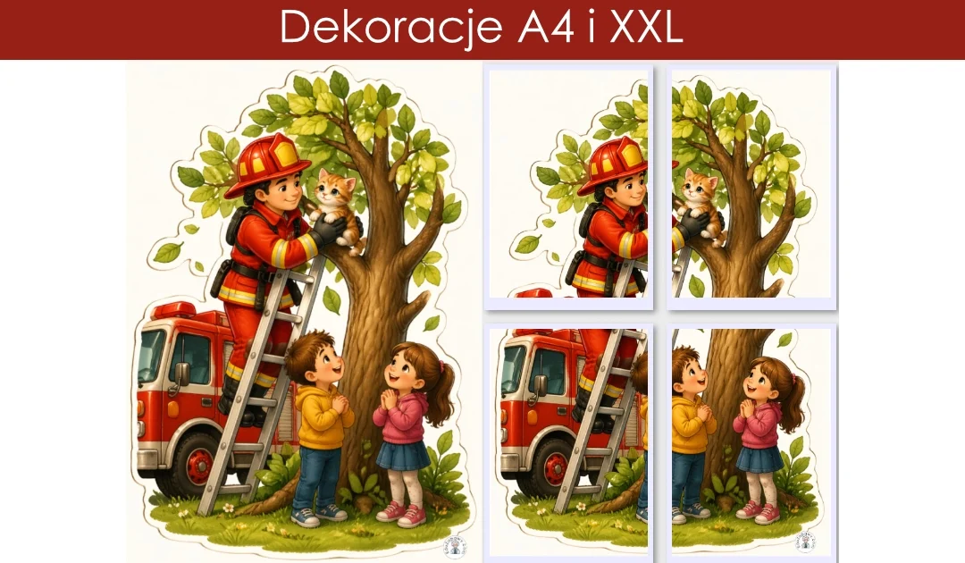 Dekoracje A4 i XXL: Strażak ratujący kotka z drzewa