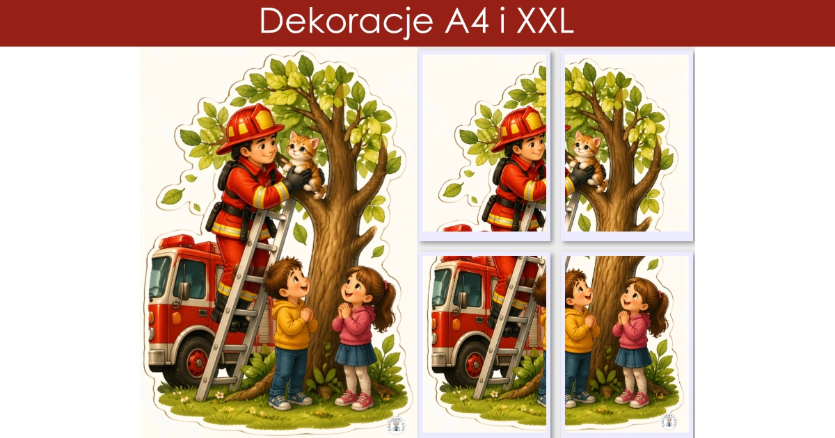 Dekoracje A4 i XXL: Strażak ratujący kotka z drzewa