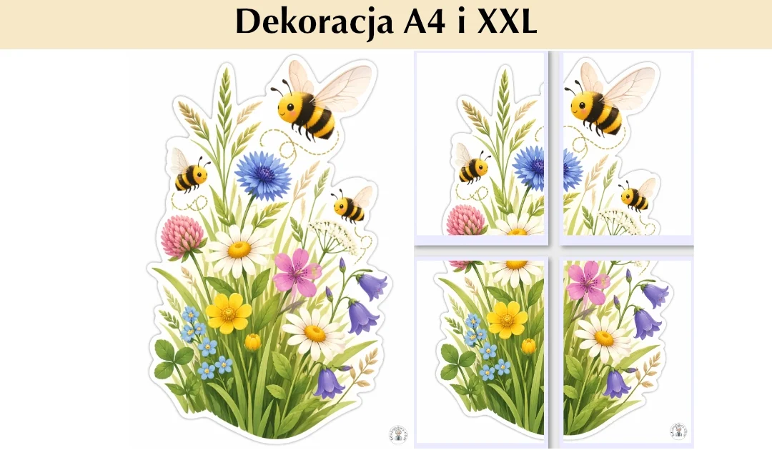Dekoracje A4 i XXL: Pszczółki nad kwiatami — dekoracja z wystającym elementem