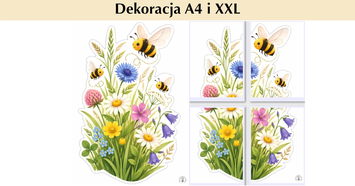 Pszczółki nad kwiatami — dekoracja z wystającym elementem