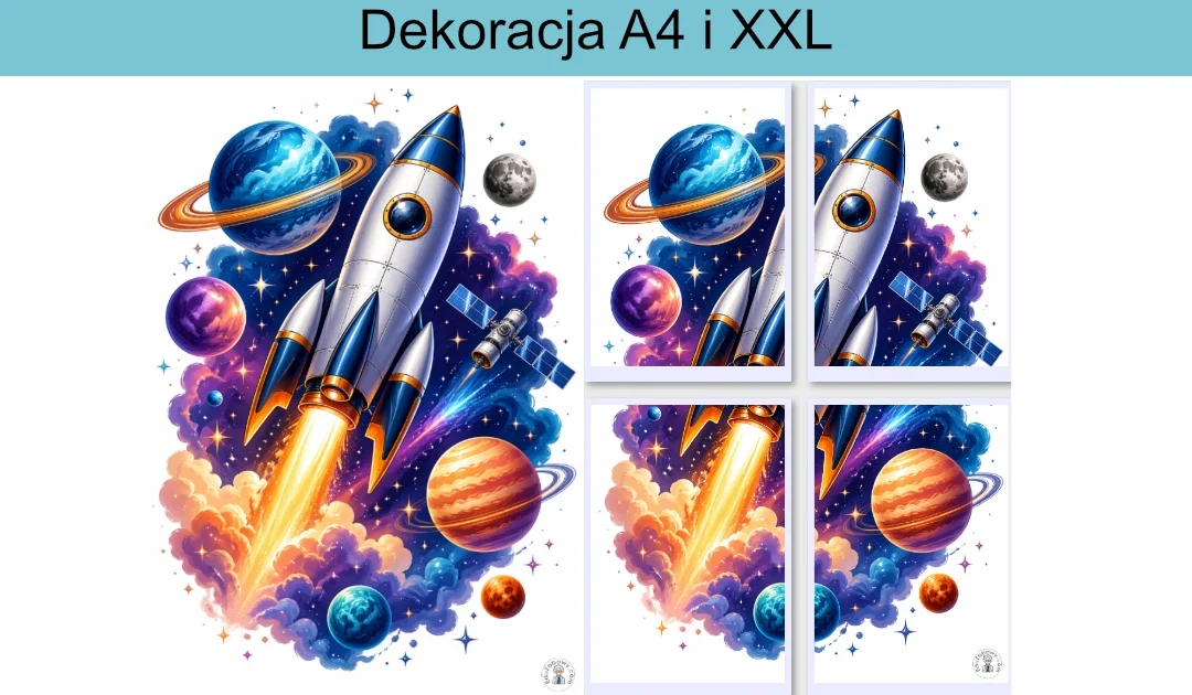 Dekoracja A4 i XXL: Rakieta lecąca między planetami
