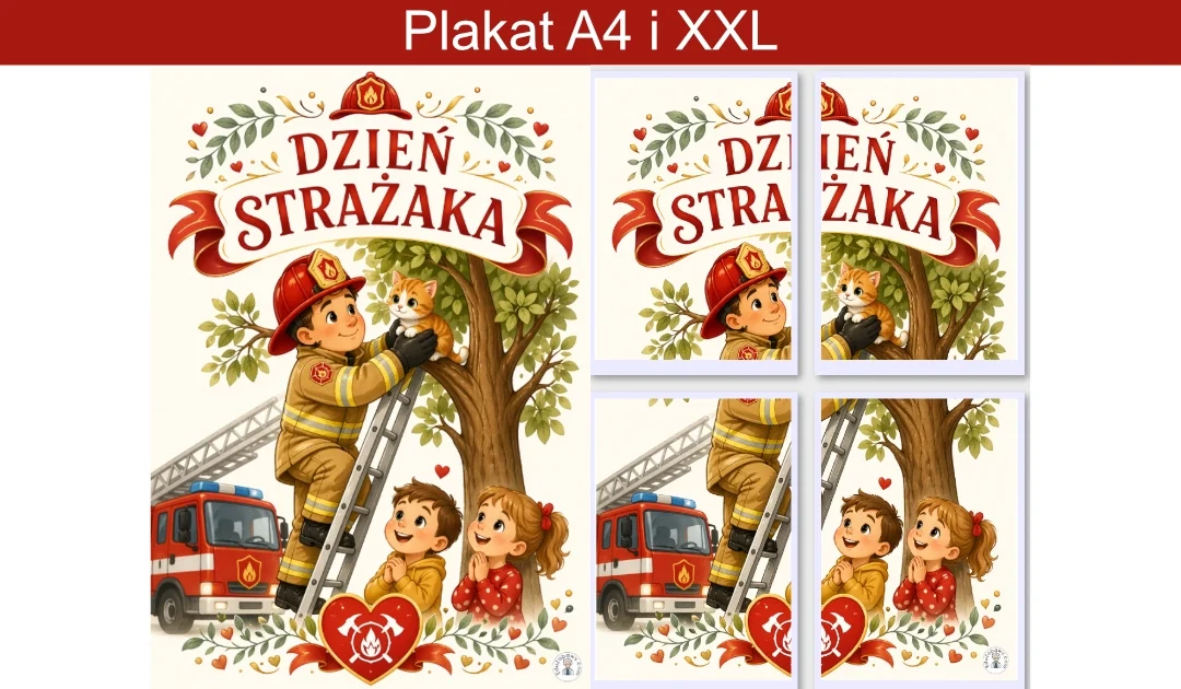 Plakat A4 i XXL: Strażak ratujący kotka z drzewa