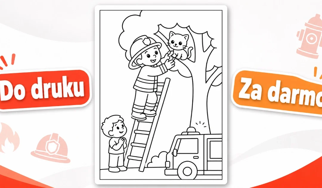 Kolorowanka: Strażak ratujący kotka z drzewa
