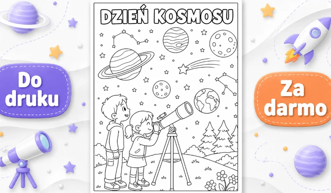 Kolorowanka: Dzieci obserwujące niebo przez teleskop