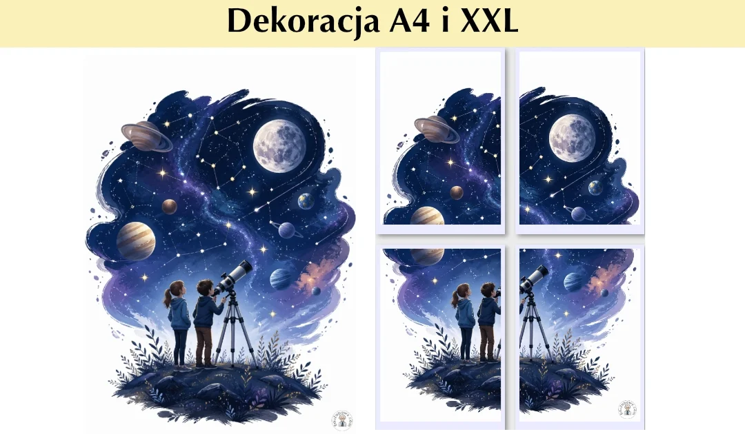 Dekoracja A4 i XXL: Dzieci obserwujące niebo przez teleskop
