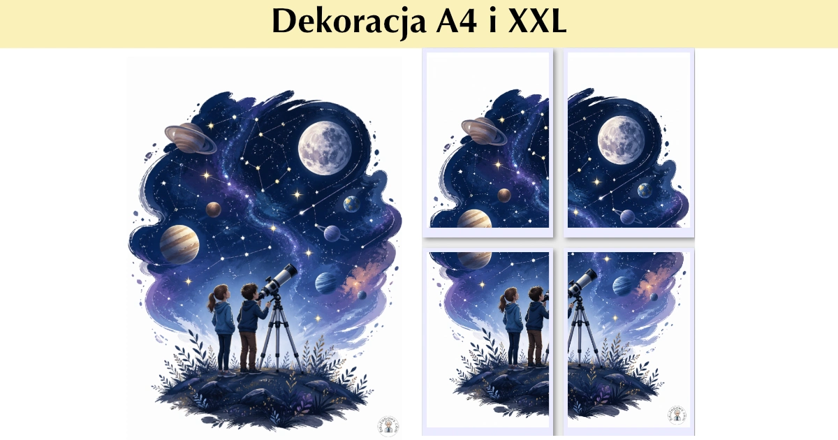 Dekoracja A4 i XXL: Dzieci obserwujące niebo przez teleskop 43