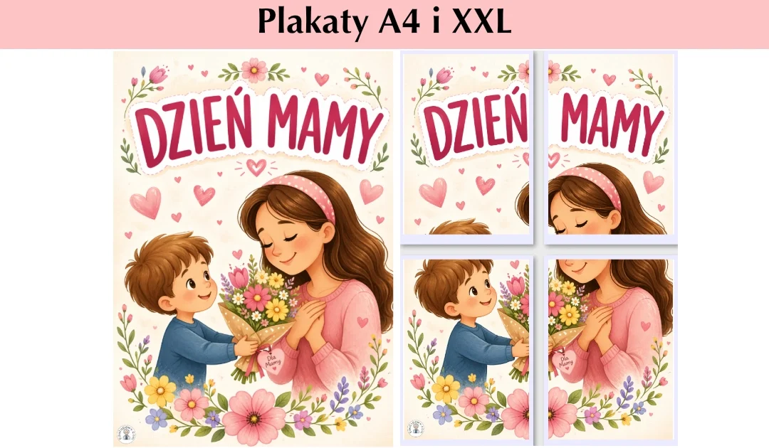 Plakat chłopczyk wręcza kwiaty mamie