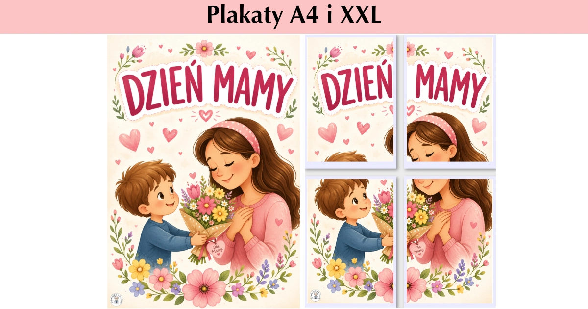 Plakat chłopczyk wręcza kwiaty mamie