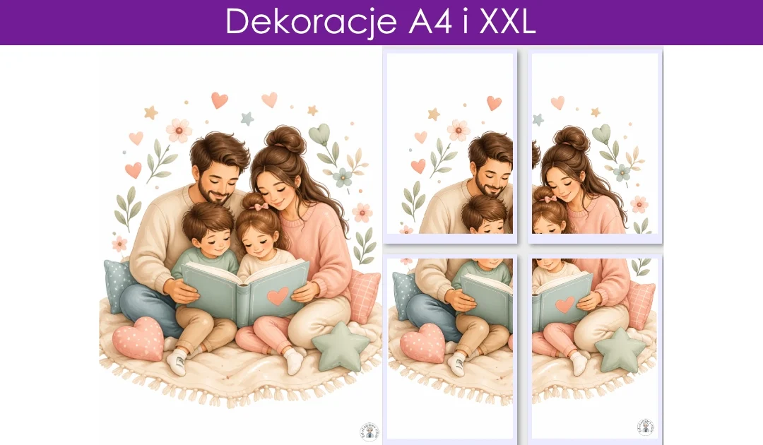 Dekoracja A4 i XXL: Rodzina czytająca razem