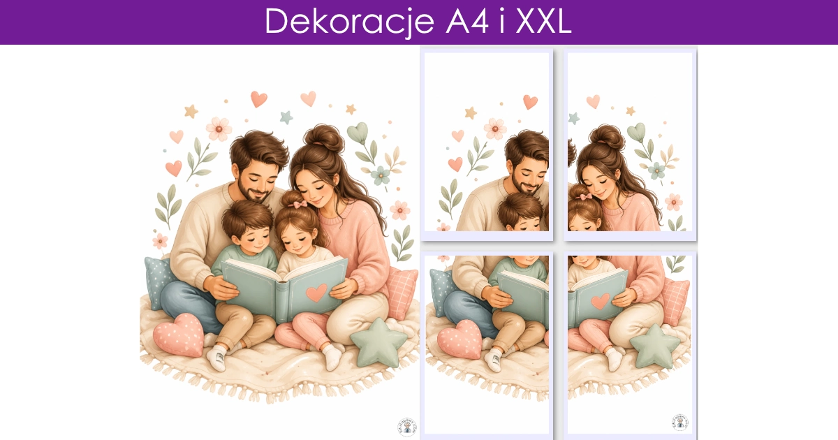 Dekoracja A4 i XXL: Rodzina czytająca razem