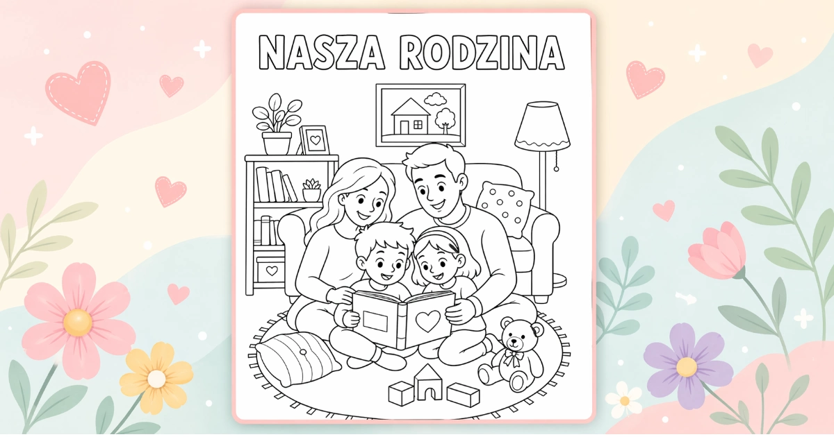 Kolorowanka: Rodzina spędzająca czas razem w domu