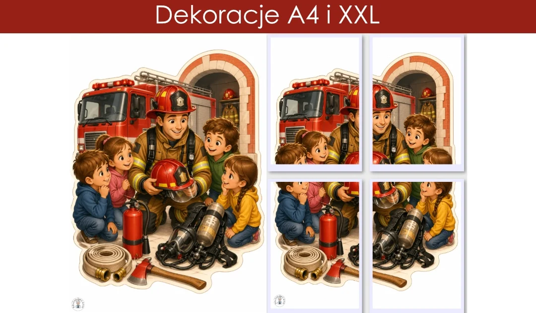 Dekoracje A4 i XXL: Dzieci odwiedzające remizę strażacką