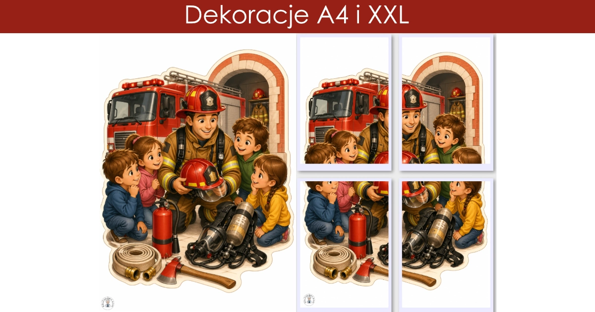 Dekoracje A4 i XXL: Dzieci odwiedzające remizę strażacką