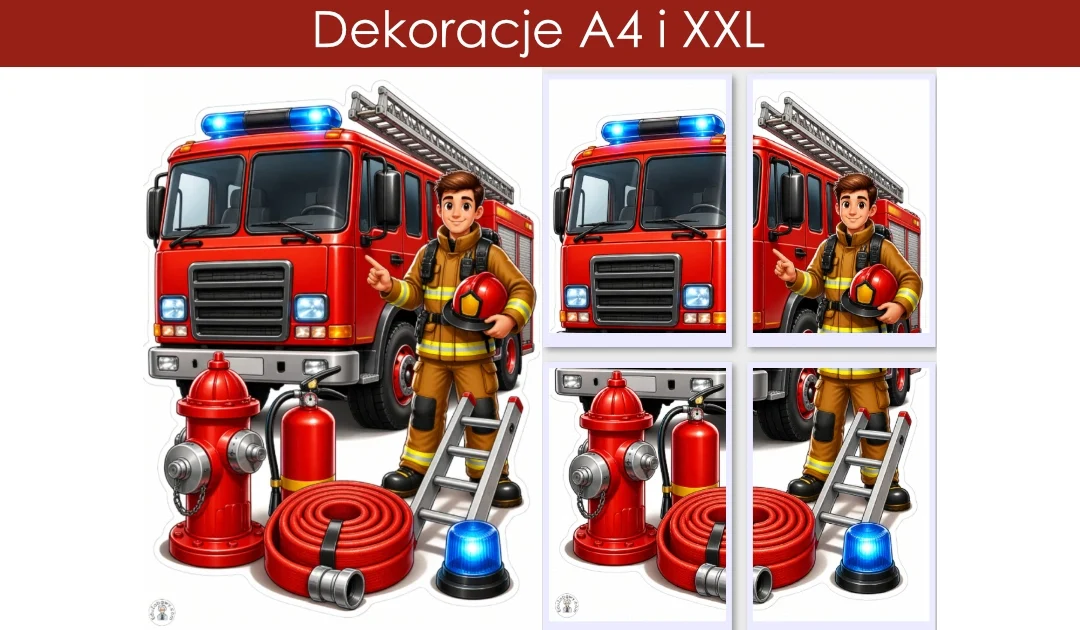 Dekoracje A4 i XXL: Strażak i wóz strażacki ze sprzętem