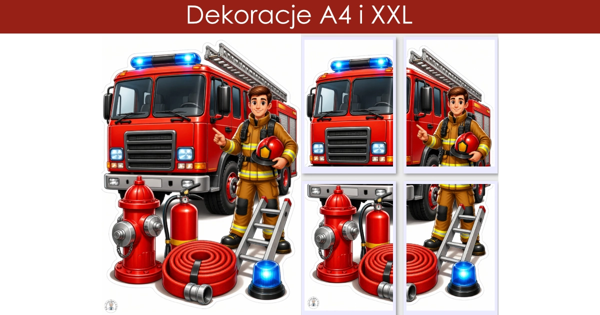 Dekoracje A4 i XXL: Strażak i wóz strażacki ze sprzętem