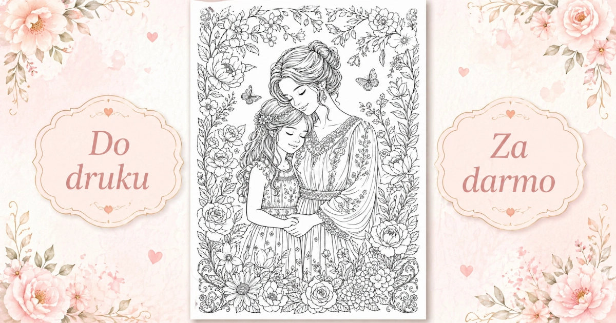 Kolorowanka — mama i dziecko wśród kwiatów