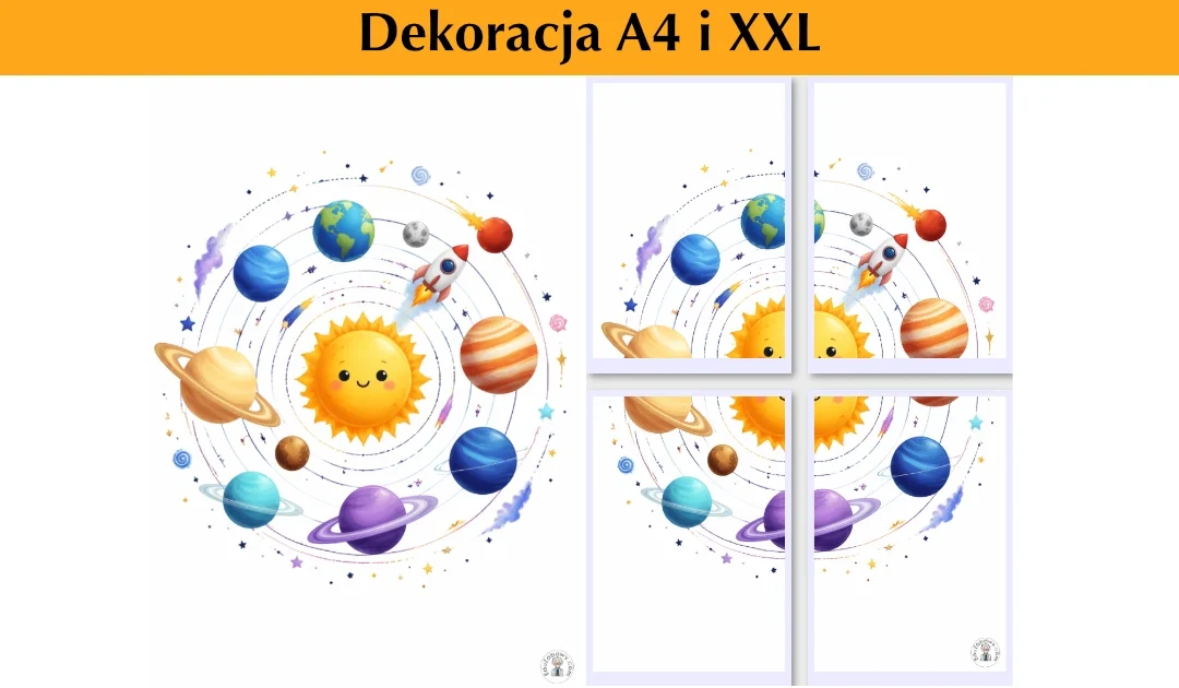 Dekoracja A4 i XXL: Kosmiczny układ słoneczny z rakietą