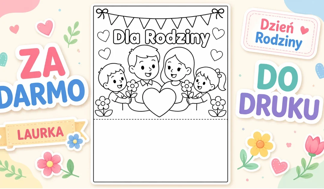 Laurka do pokolorowania z dziećmi wręczającymi rodzinie serce i kwiaty