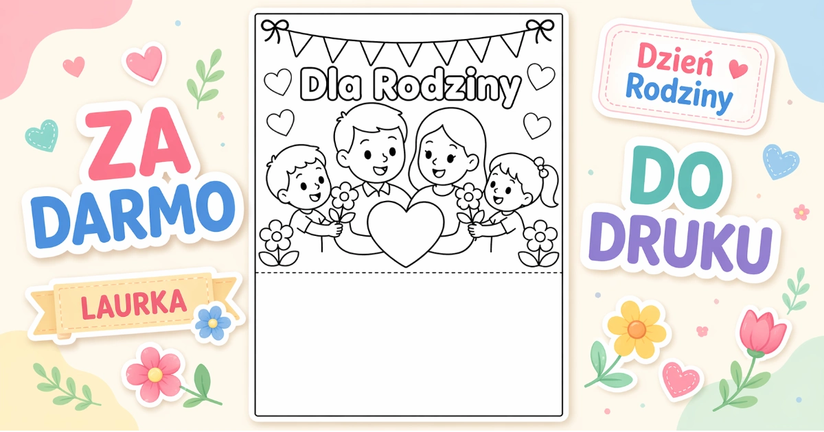 Laurka do pokolorowania z dziećmi wręczającymi rodzinie serce i kwiaty