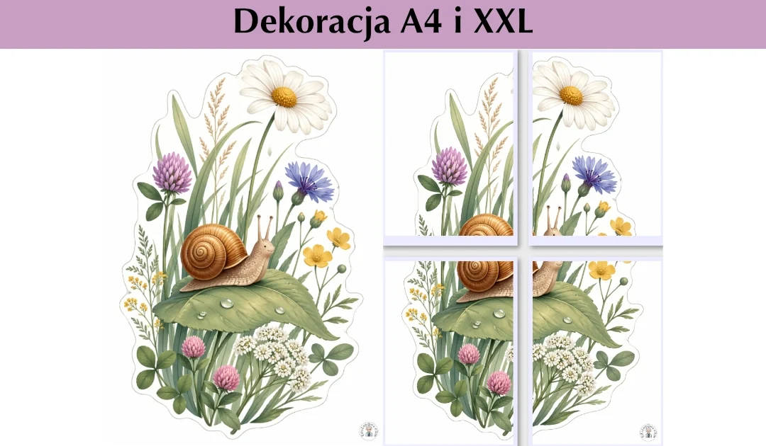 Dekoracje A4 i XXL: Ślimak i rośliny łąkowe — dekoracja spokojna i premium