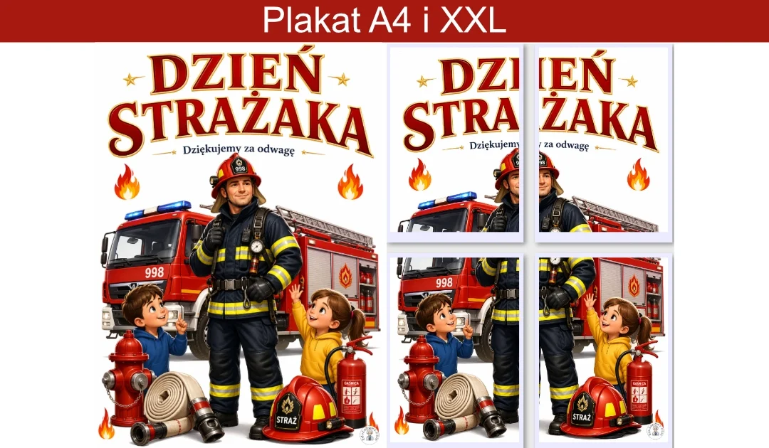 Plakat A4 i XXL: Strażak jako bohater pomagający innym