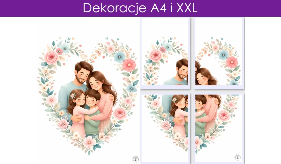 Dekoracja A4 i XXL: Rodzina w sercu z kwiatów
