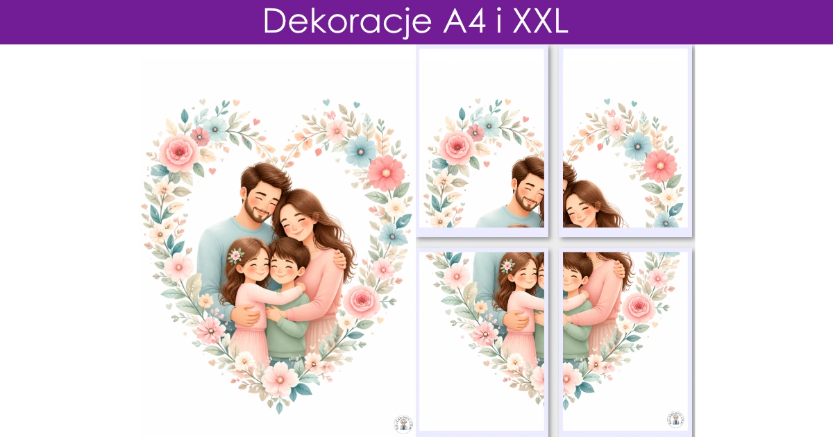 Dekoracja A4 i XXL: Rodzina w sercu z kwiatów